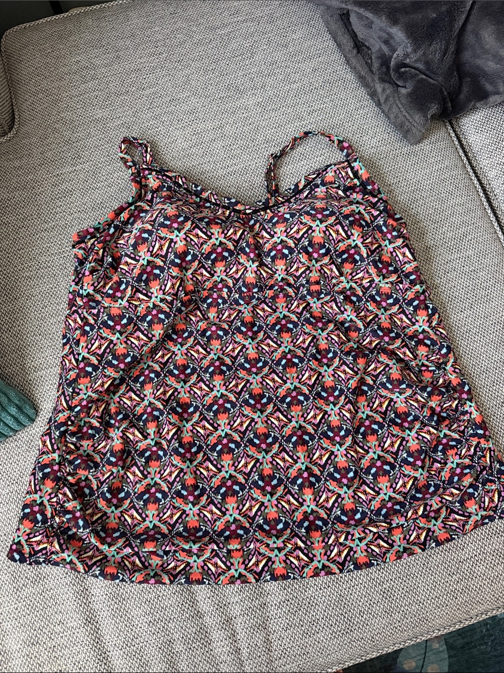 Kona Sol Navy Multicolor Patterned Spaghetti Strap Tankini Bathing Suit Top 18W